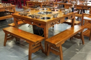 火锅桌1 【华美立家建材家居】实木火锅桌大理石饭店桌椅组合燃气灶火锅桌子电磁炉一体无烟商用